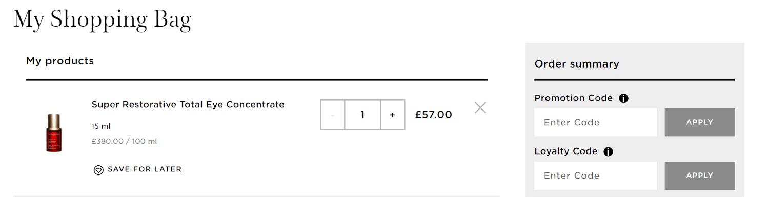 Clarins discount code box on the checkout page