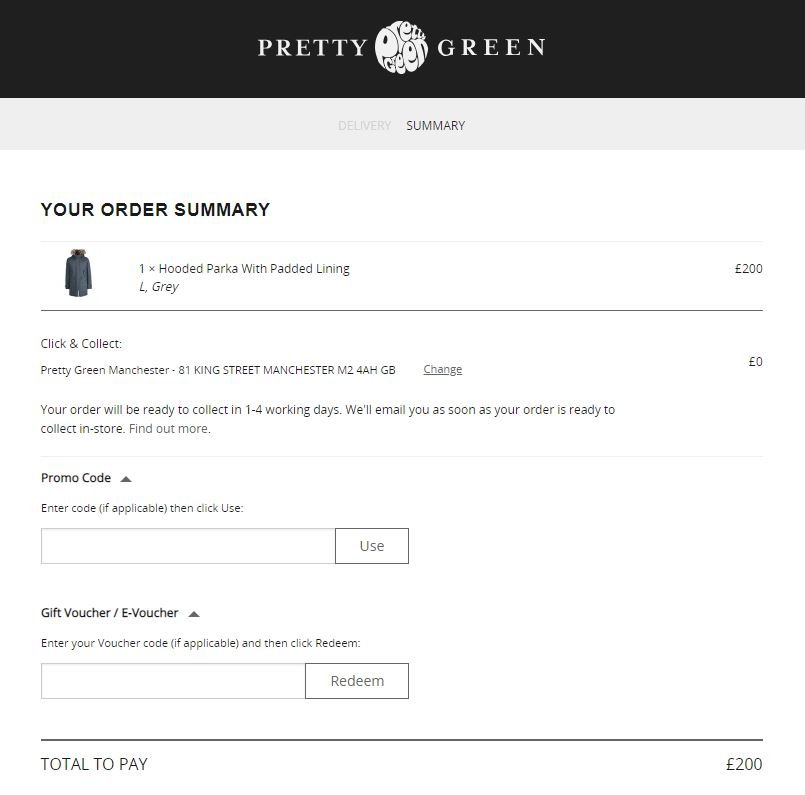Pretty Green discount code redemption box