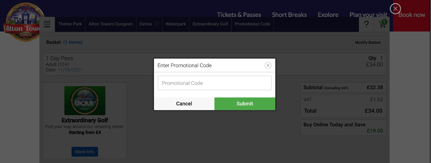 Alton Towers promotion code box