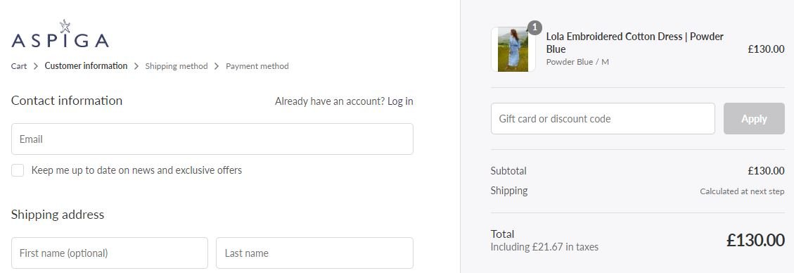 Aspiga discount code box in the shopping bag screenshot
