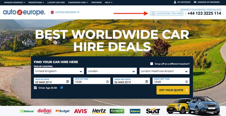Auto Europe call toll free button