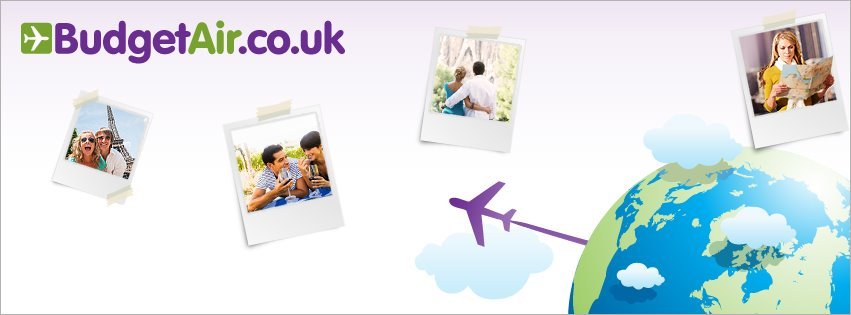 Budget Air UK banner image showing the globe with polaroids of peoples holidays circulating. The company logo can be seen in top left hand corner