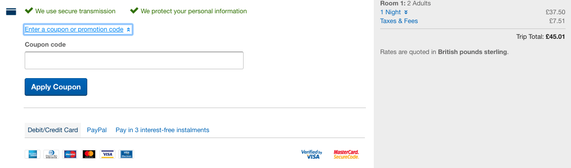 Expedia discount code redeem box