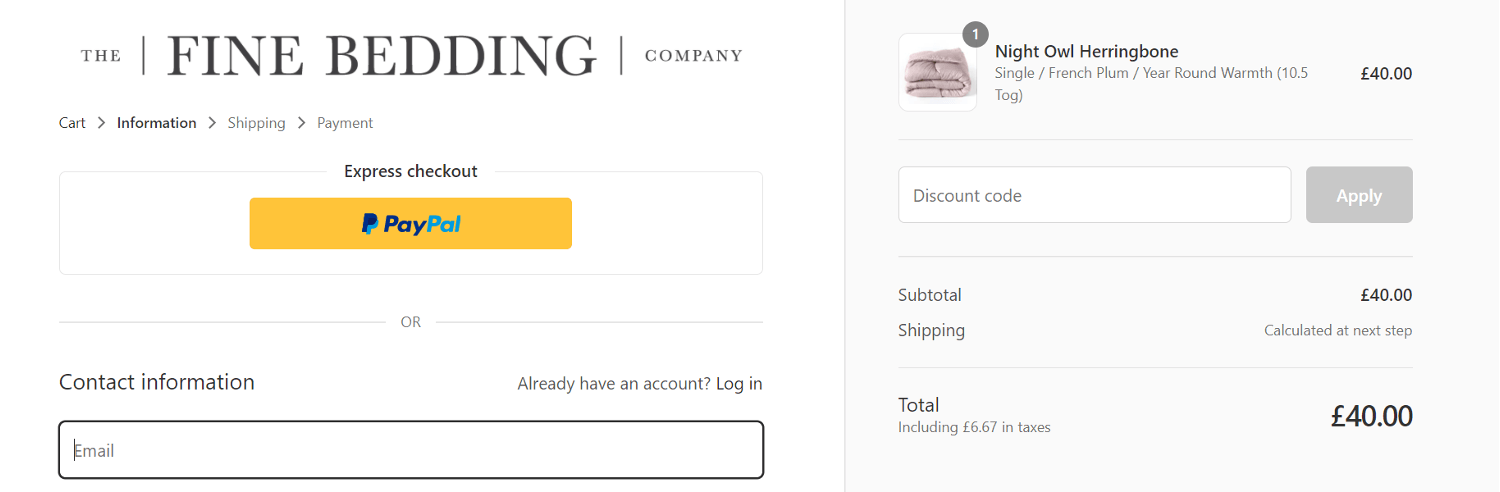 fine bedding company discount code application at checkout