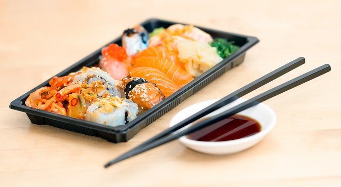 Sushi in a takeaway box