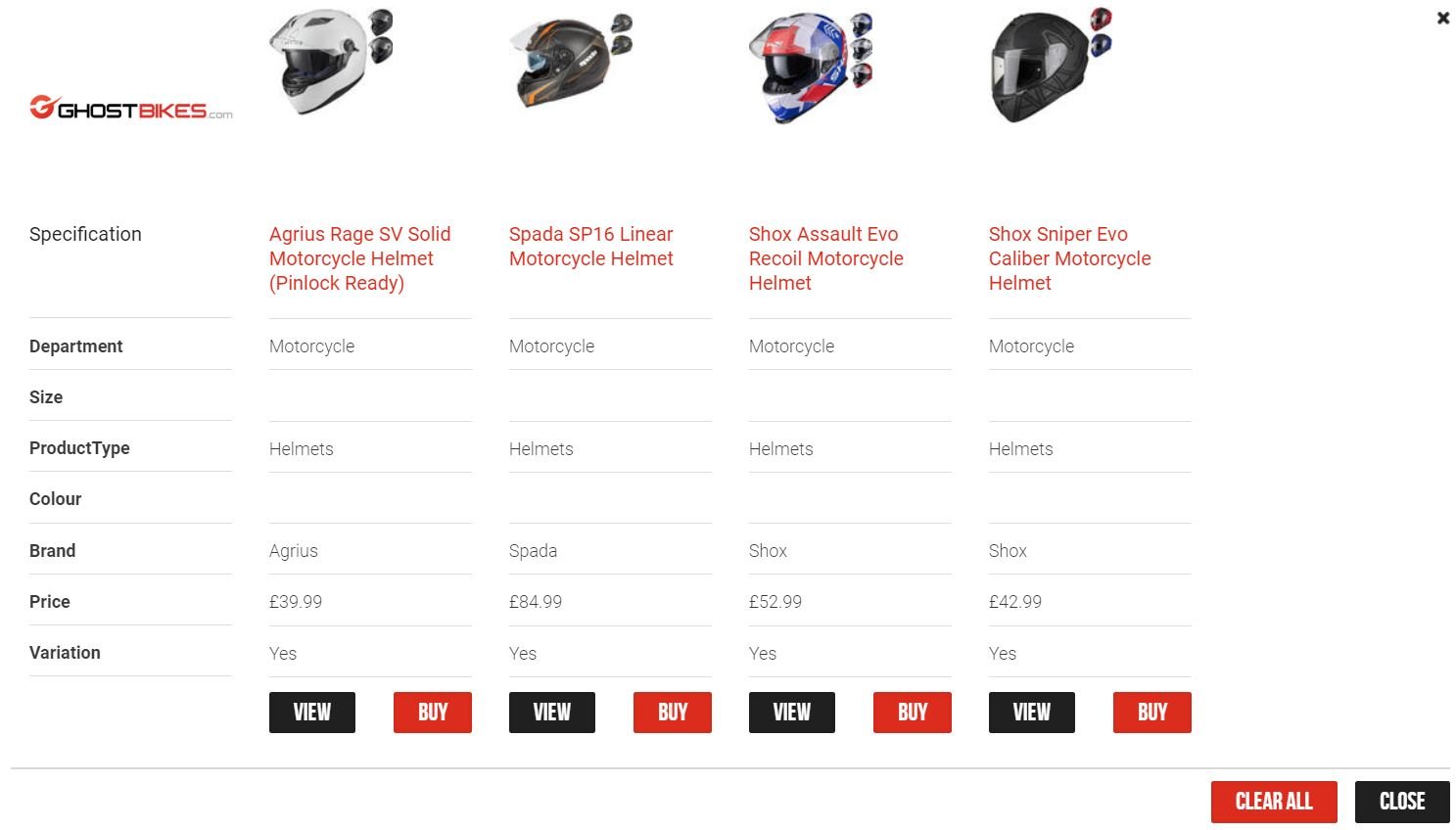 ghostbikes compare tool