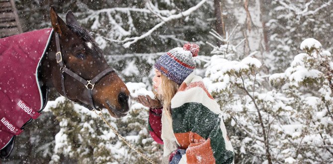Girl playing with horse in the snow
