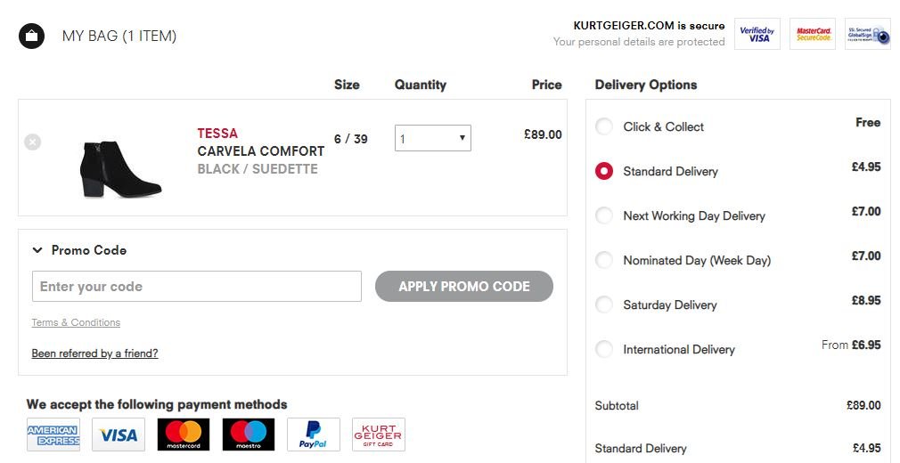 Kurt Geiger discount code redemption box