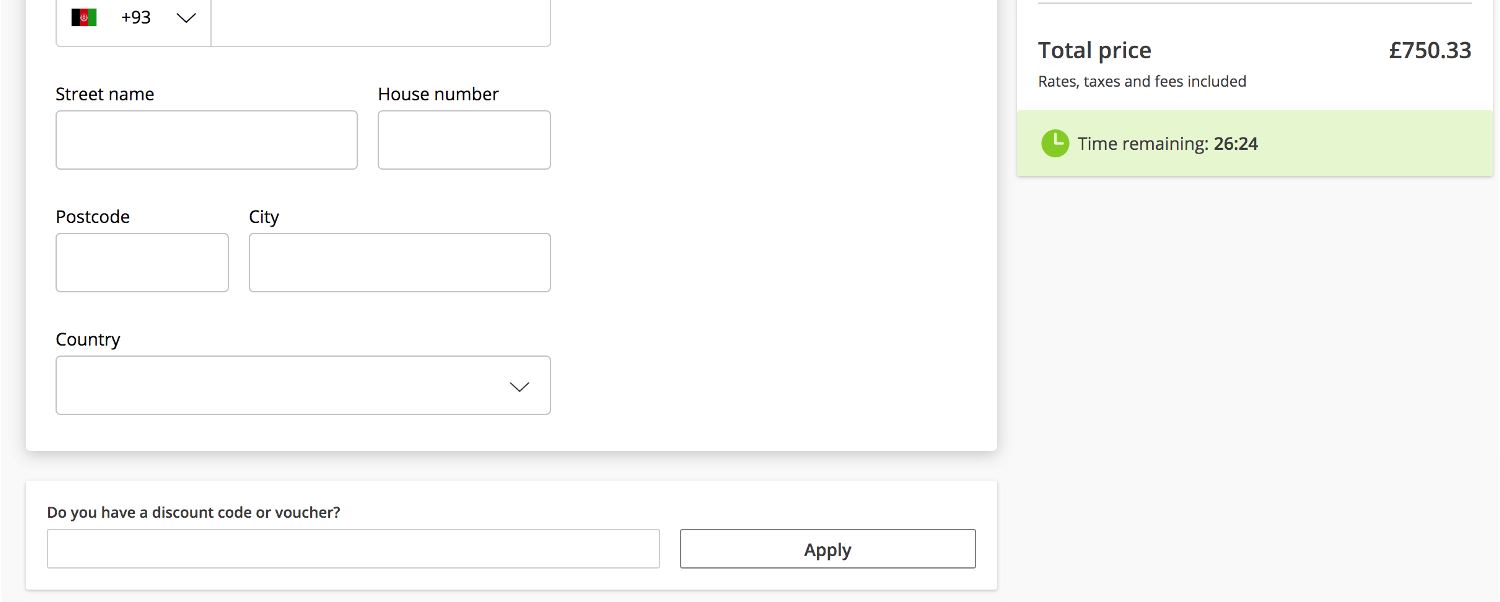 Lastminute discount code box during booking process