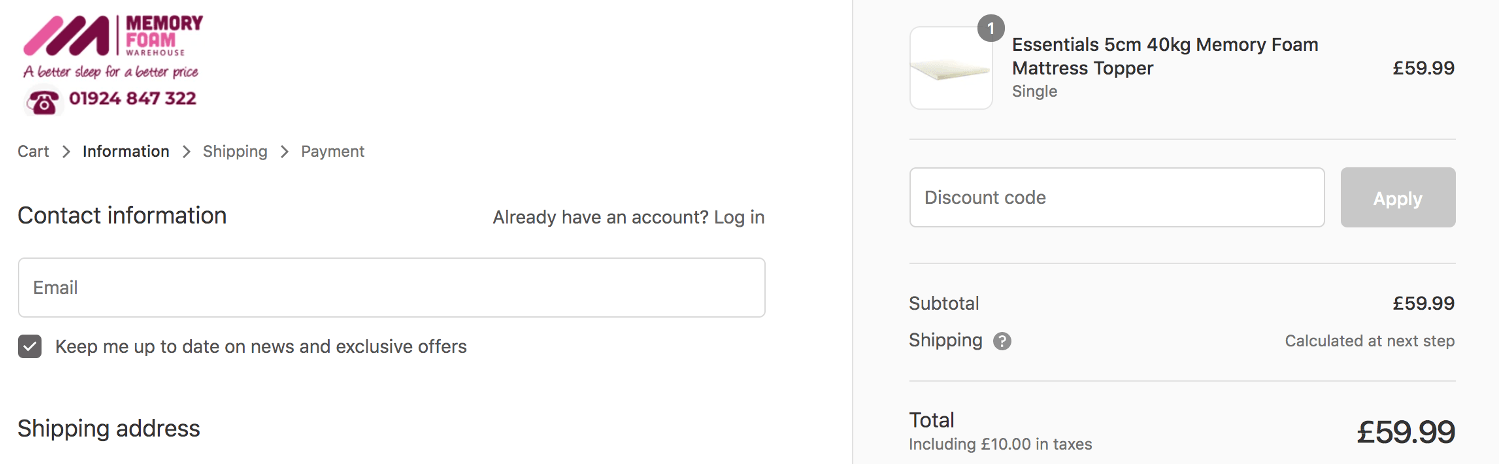 Memory Foam Warehouse discount code screenshot