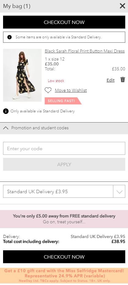 Miss Selfridge discount code redemption box