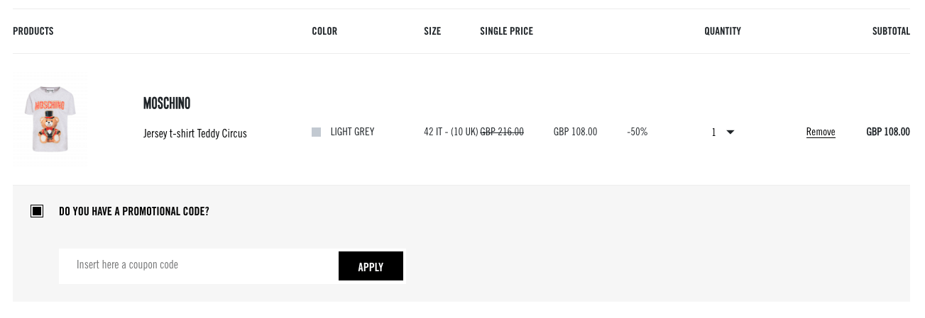 Moschinodiscount code redemption page