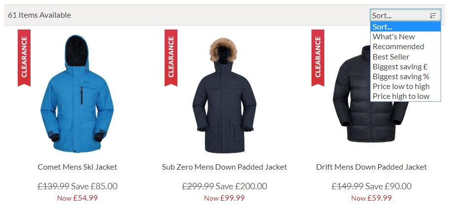 mountain warehouse sort by price