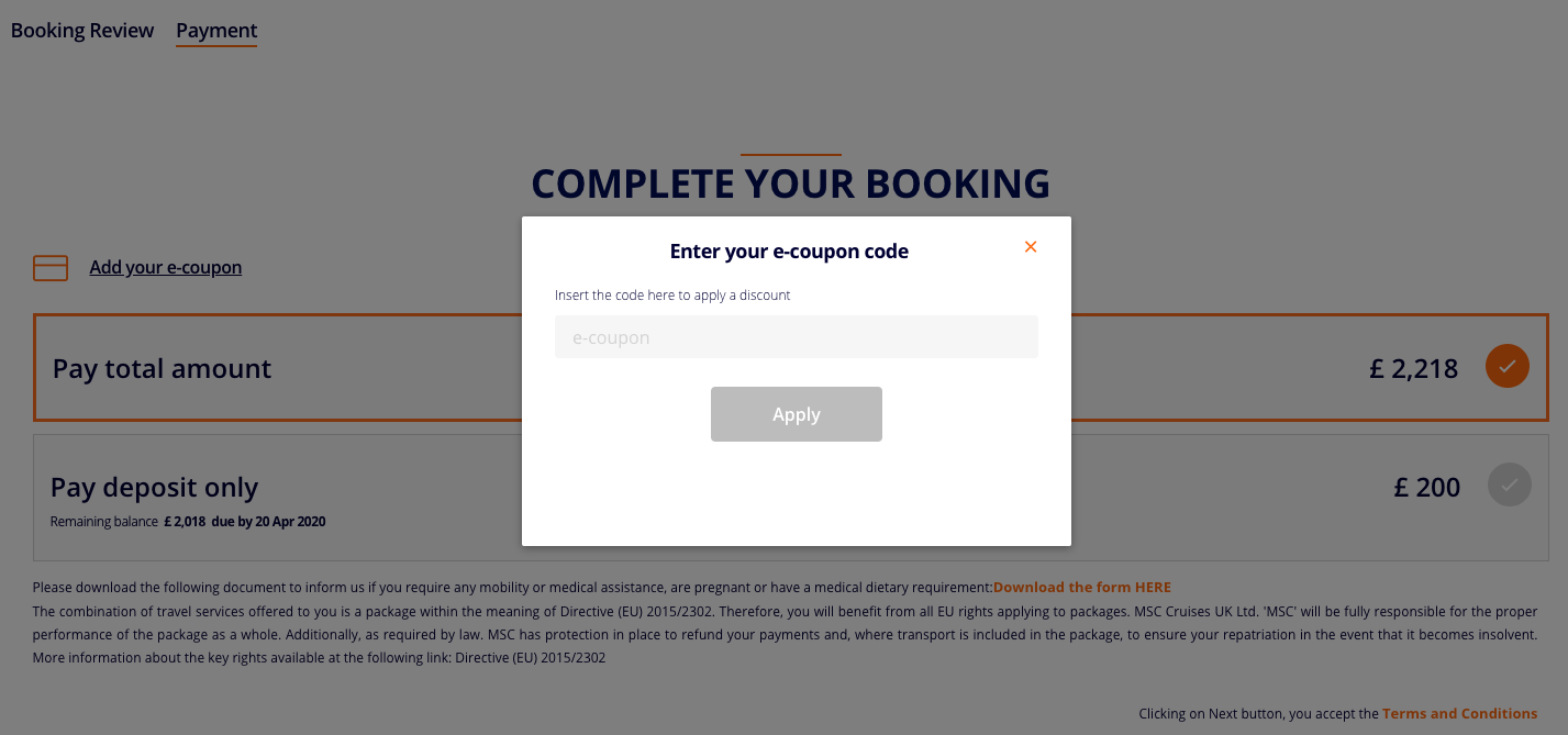 MSC Cruises discount code box on the booking page