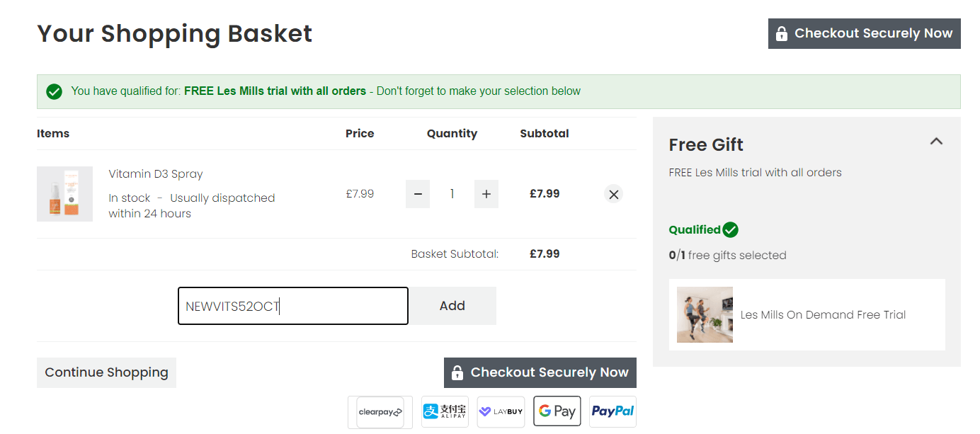 myvitamins checkout with discount code application box