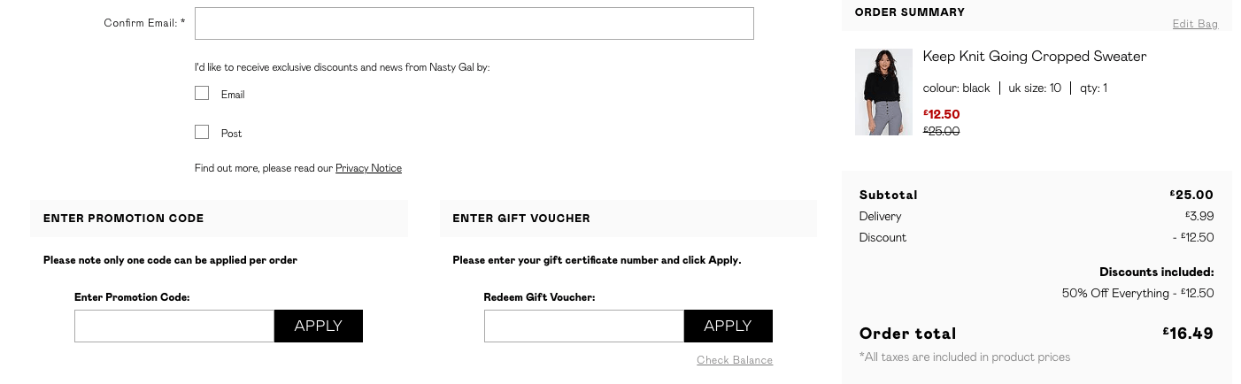 Nasty Gal discount code input