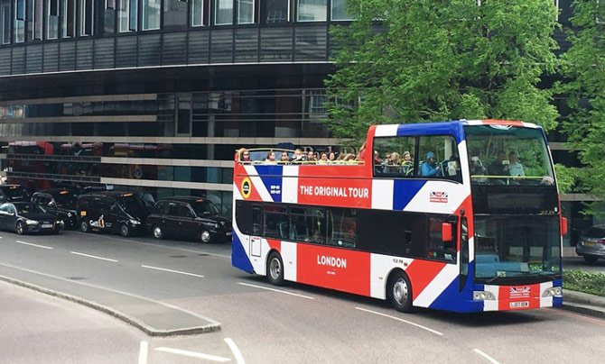 Tour bus driving in London