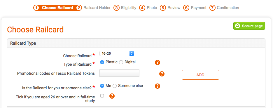 Railcard promo code input box