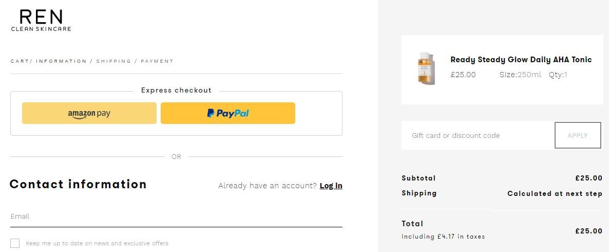 REN skincare discount code redemption box screenshot
