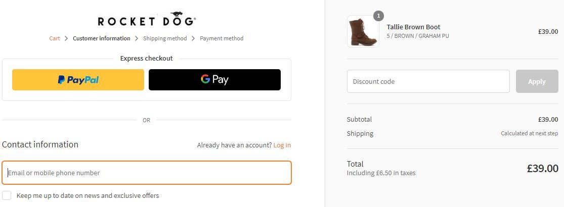 Rocket Dog cart discount code screenshot