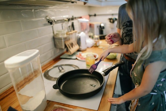 Mum and child using kitchen appliances