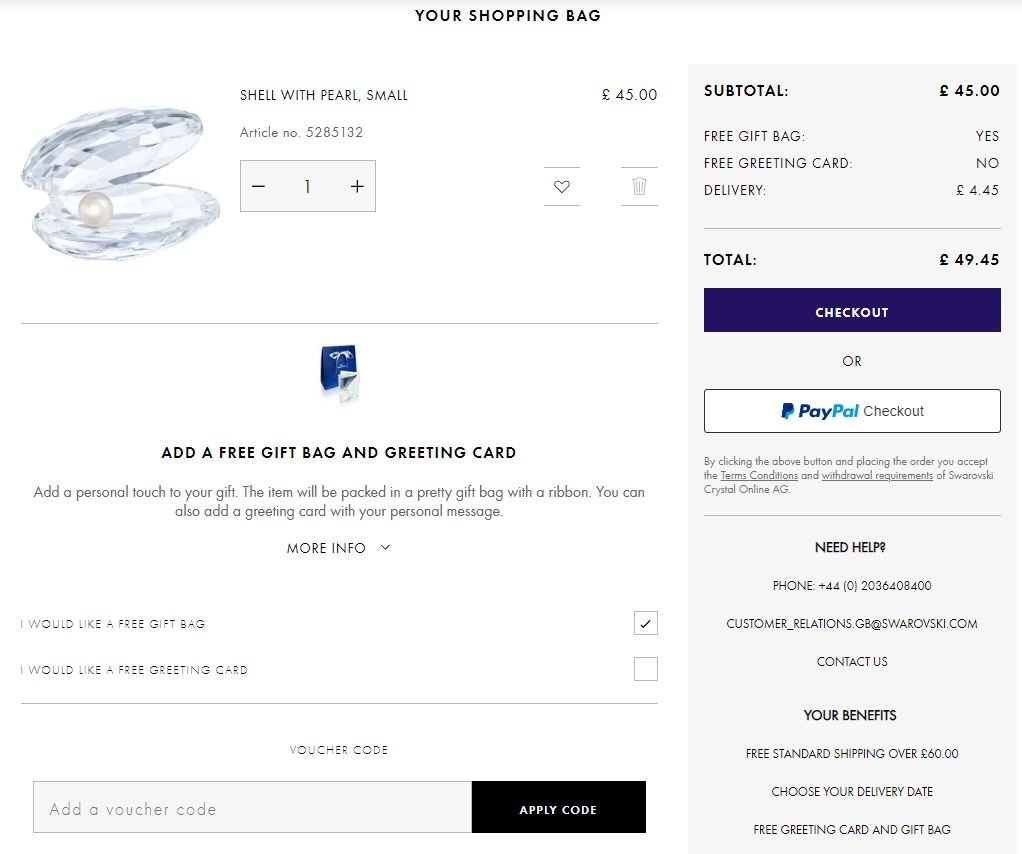 Swarovski discount code box on the checkout page