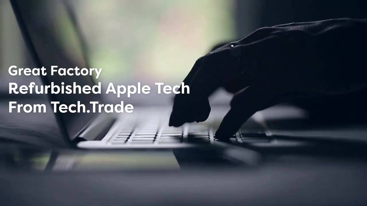 Tech trade page banner featuring a hand typing on laptop with the words great factory refurbished apple tech