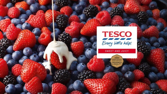 Tesco vouchers banner - fresh fruit groceries raspberries, blueberrys and blackberrys