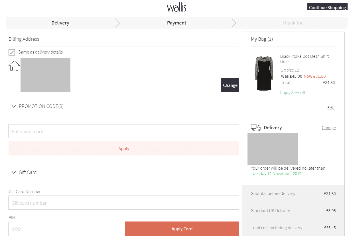 Wallis discount code redemption box