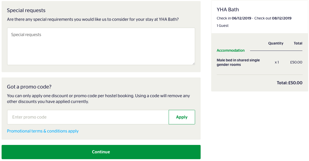 YHA promo code box on the checkout page