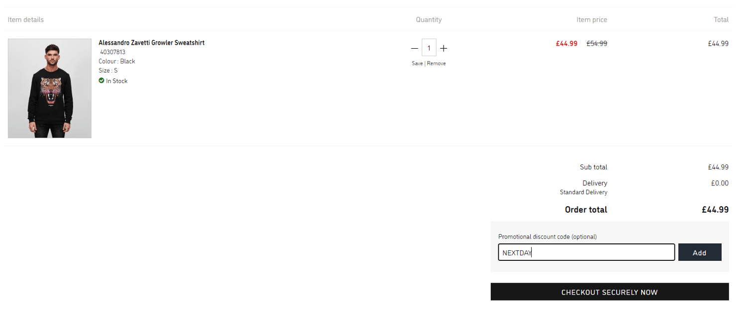 Zavetti discount code application at checkout